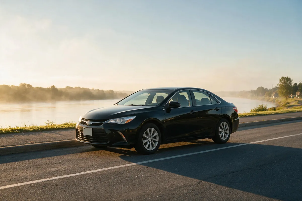 Berline noire de YUL Navette sur une route riveraine au lever du jour, service de taxi à Repentigny
