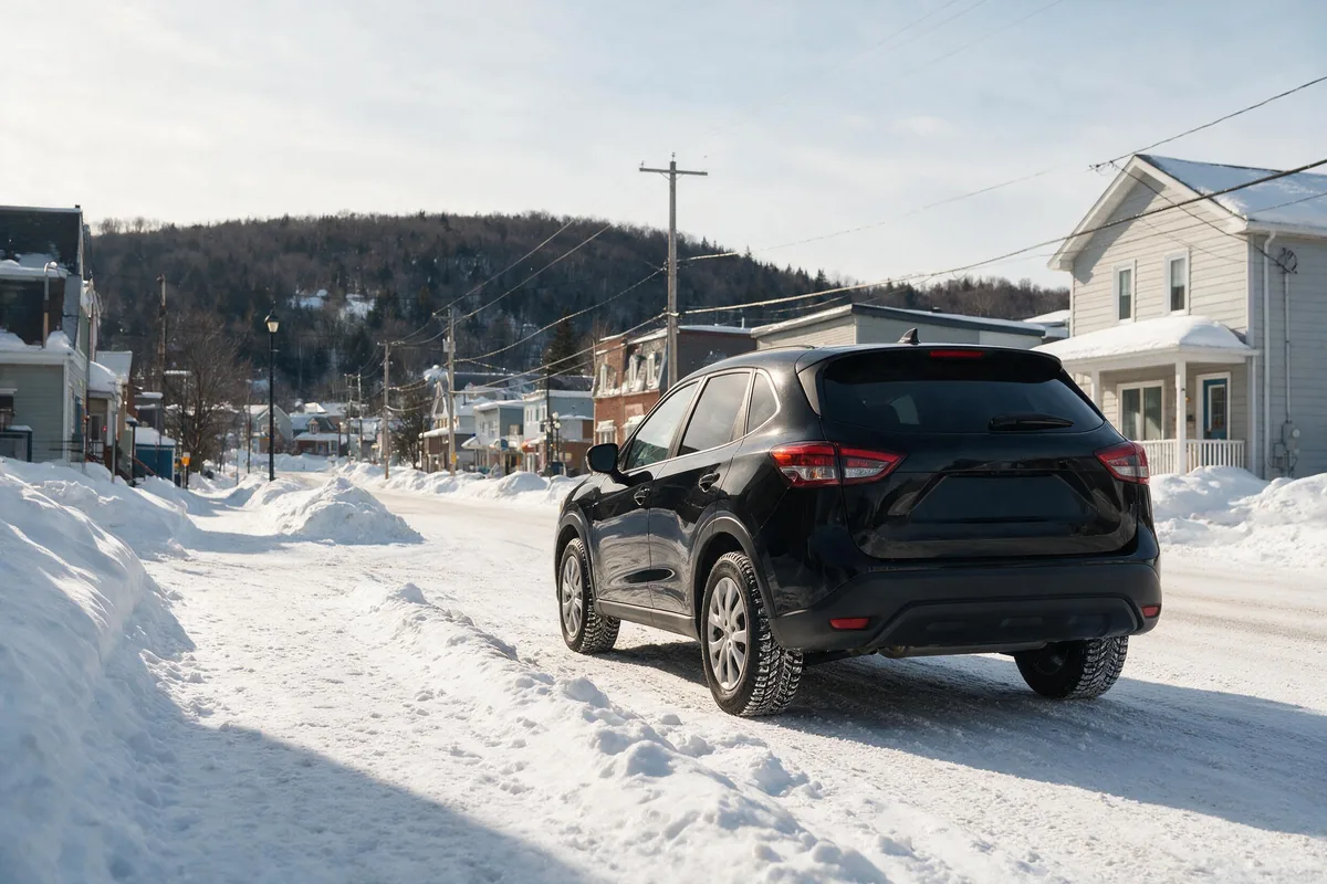 VUS noir de YUL Navette sur une rue enneigée des Laurentides, service de taxi à Saint-Jérôme