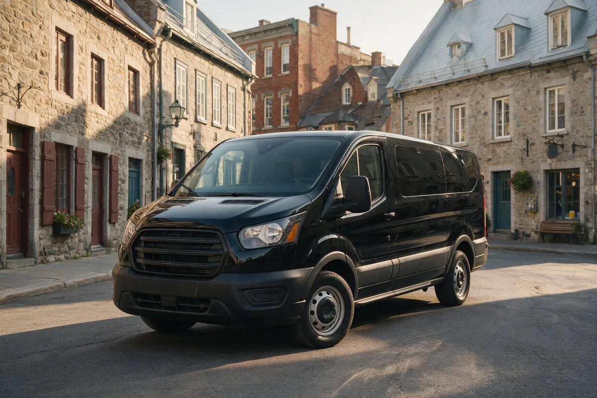Van noir de YUL Navette dans une rue du secteur historique, service de taxi à Terrebonne